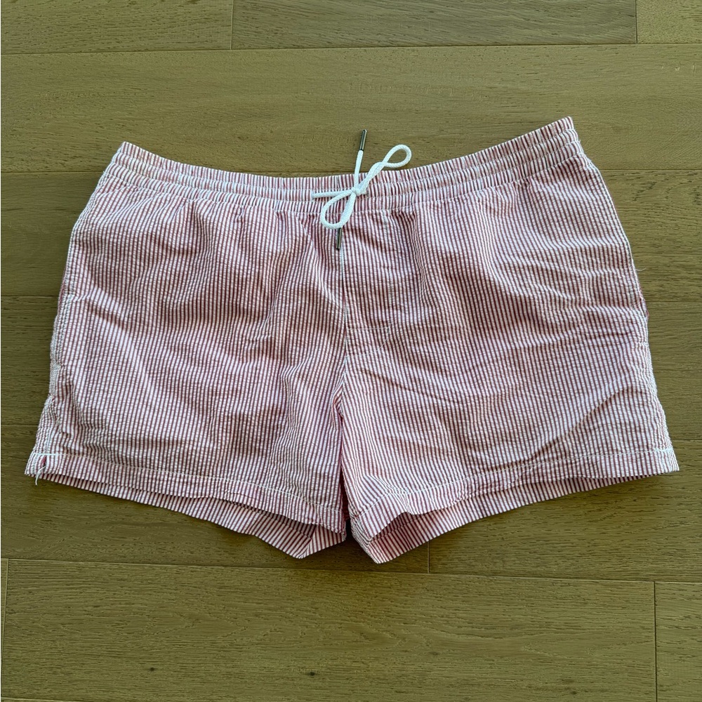 Club Monaco Lined Red and White Striped Seersucker Swim Shorts
